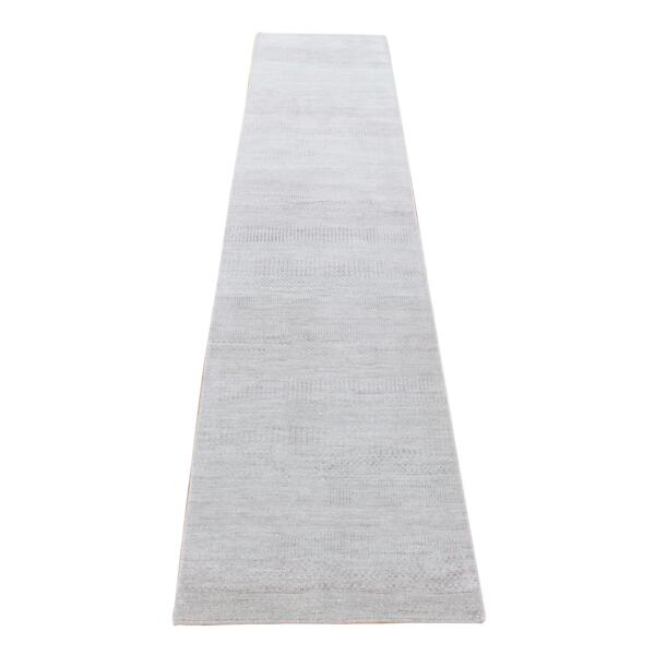 2'6"x11'3" Light Gray with Touches of Pink, Modern Grass Design Gabbeh Densely Woven, Wool and Silk Hand Knotted, Runner Oriental Rug  - 80338