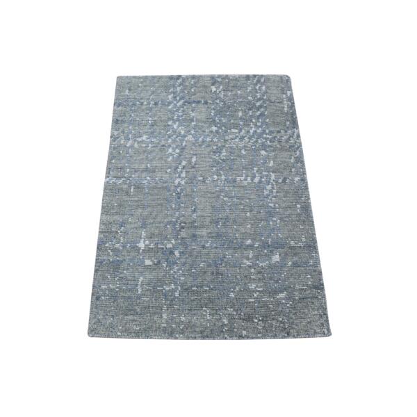 2'1"x3'1" Space Gray with Touches of Ivory, Modern Design Sample Fragment, Textured Wool with Silk Hand Knotted, Mat Oriental Rug  - 80350
