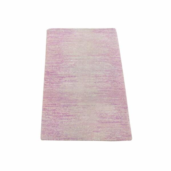 2'2"x3'3" Pink with Touches of Ivory, Thick and Plush, Pure Wool Only, Striae Design, Hand Knotted Oriental Rug  - 80358