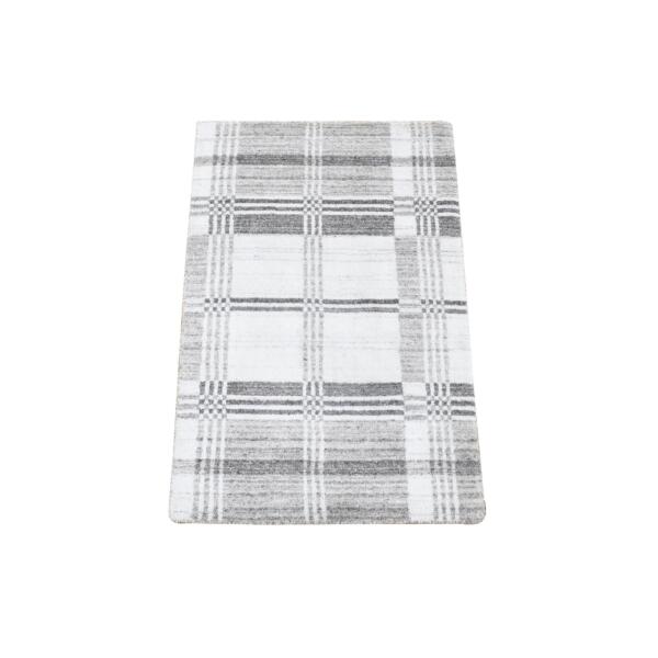 2'x3' Ivory-Gray, Hand Loomed, Modern, Plaid Design, 100% Wool, Mat Oriental Rug  - 80371