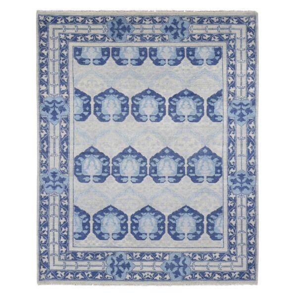 8'1"x10' Blue, Arts and Crafts Large Element Repetitive Design, Hand Knotted, Hand Spun Wool Oriental Rug  - 80510