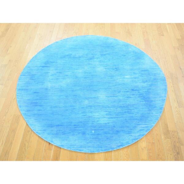 6'1"x6'1" Baby Blue, Overdyed Stripe Design with Texture Wool, Hand Knotted, Round Oriental Rug  - 80523 - Image 3