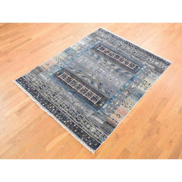 4'10"x6'5" Cloud Gray, Ghazni Wool Hand Knotted, Afghan Kashkuli Gabbeh Design Natural Dyes Fine Weave, Oriental Rug  - 80619 - Image 4