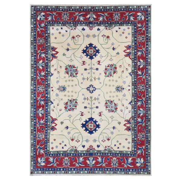 9'10"x14' Cream Color, Hand Knotted Kazak with All Over Leaf and Vines Pattern, Pure Wool Oriental Rug  - 80636