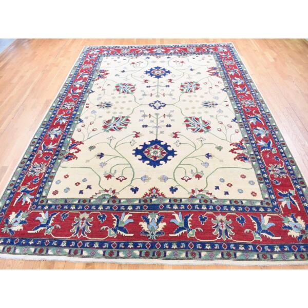 9'10"x14' Cream Color, Hand Knotted Kazak with All Over Leaf and Vines Pattern, Pure Wool Oriental Rug  - 80636 - Image 3