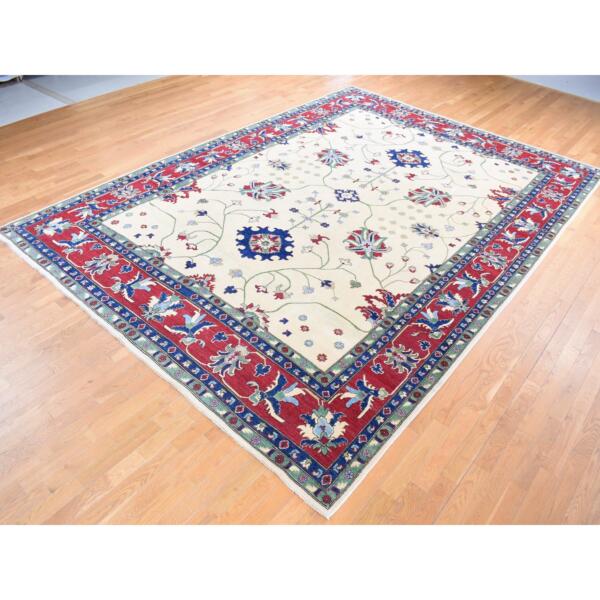 9'10"x14' Cream Color, Hand Knotted Kazak with All Over Leaf and Vines Pattern, Pure Wool Oriental Rug  - 80636 - Image 4