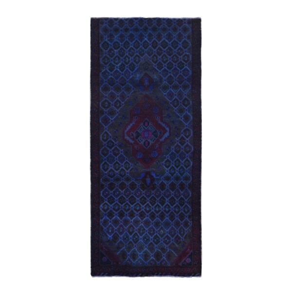 4'x9'6" Midnight Blue, Overdyed Vintage Persian Hamadan with Large Medallion, Hand Knotted Soft Wool, Wide Runner Rug  - 80670