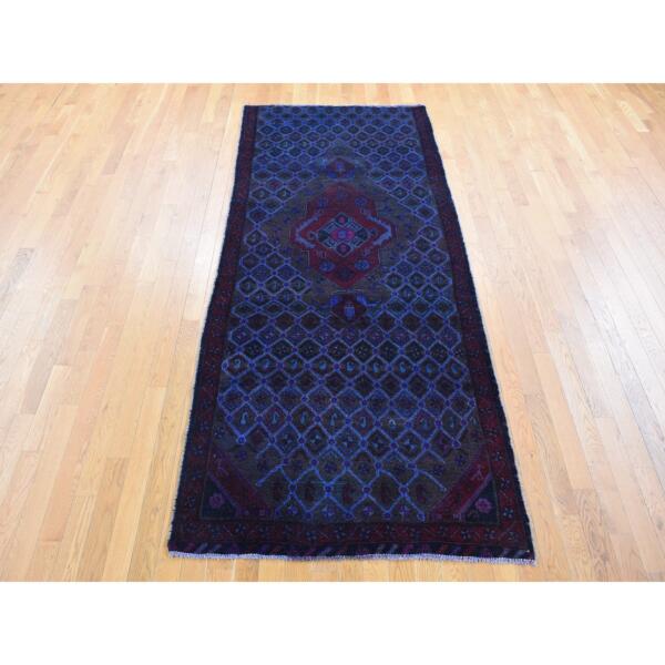 4'x9'6" Midnight Blue, Overdyed Vintage Persian Hamadan with Large Medallion, Hand Knotted Soft Wool, Wide Runner Rug  - 80670 - Image 4