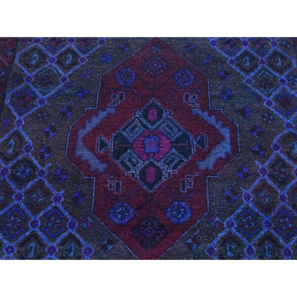 4'x9'6" Midnight Blue, Overdyed Vintage Persian Hamadan with Large Medallion, Hand Knotted Soft Wool, Wide Runner Rug  - 80670 - Image 9