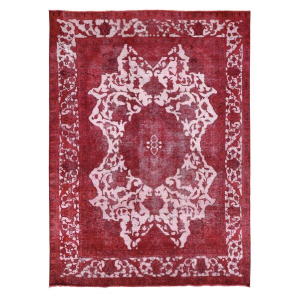 8'2"x11'1" Crimson Red, Overdyed Vintage Persian Tabriz Barjasta Design, Pure Wool Hand Knotted, Oriental Rug  - 80678