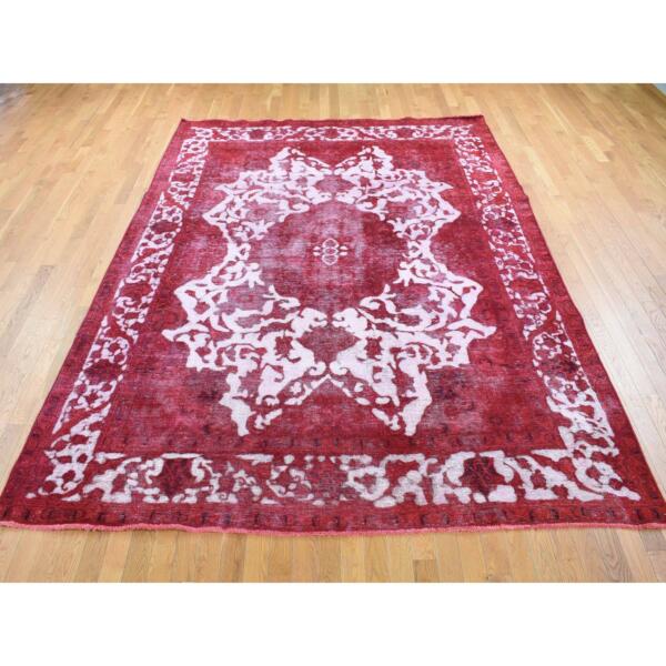 8'2"x11'1" Crimson Red, Overdyed Vintage Persian Tabriz Barjasta Design, Pure Wool Hand Knotted, Oriental Rug  - 80678 - Image 4