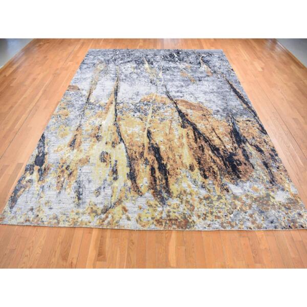 10'x14' Sea Blue with Mix of Brown, Fossil Design, Wool and Silk, Hand Knotted Oriental Rug  - 80737 - Image 4