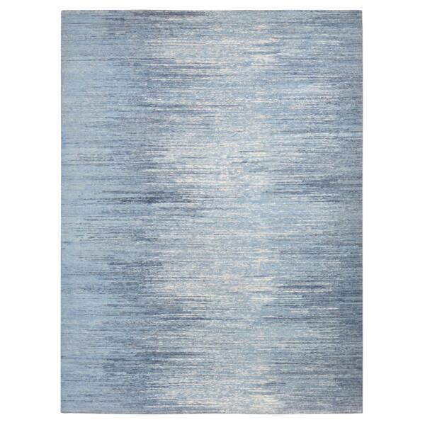 9'x12'2" Oceanic Blue, Modern Striae Design, Pure Wool Hand Knotted, Oriental Rug  - 80781