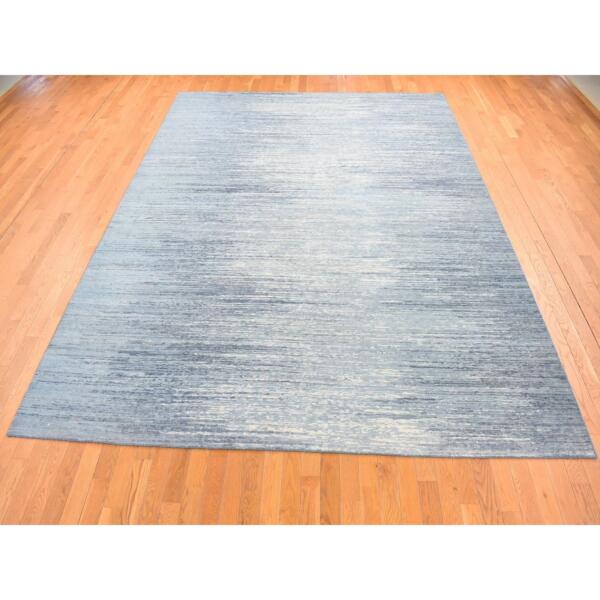 9'x12'2" Oceanic Blue, Modern Striae Design, Pure Wool Hand Knotted, Oriental Rug  - 80781 - Image 4