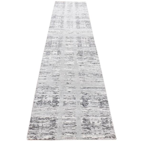 2'6"x12' Goose Gray, Modern Erased Pattern, Hand Spun Undyed Natural Wool Hand Knotted, Runner Oriental Rug  - 80787