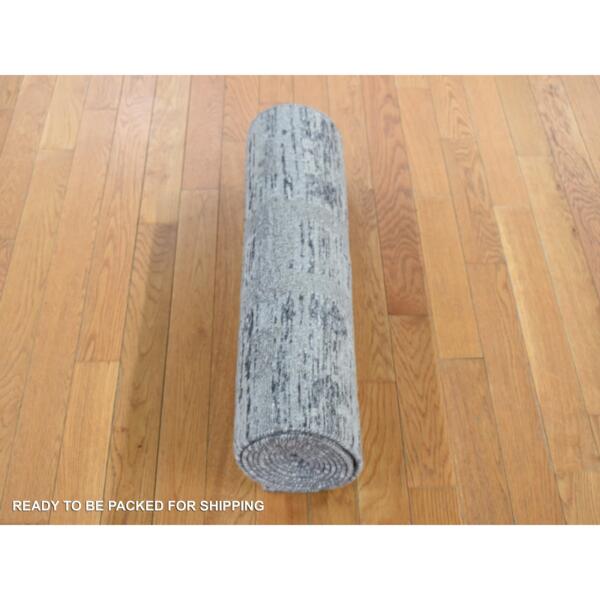 2'6"x12' Goose Gray, Modern Erased Pattern, Hand Spun Undyed Natural Wool Hand Knotted, Runner Oriental Rug  - 80787 - Image 5