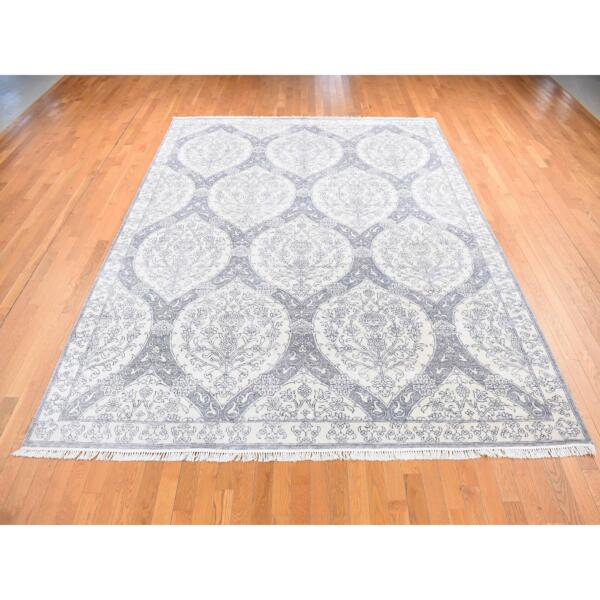 9'x12' Ivory, Hand Knotted, Handmade, Pure Cotton, Mughal Empire, Agra Flower Bouquet Design, Oriental Rug  - 80803 - Image 4