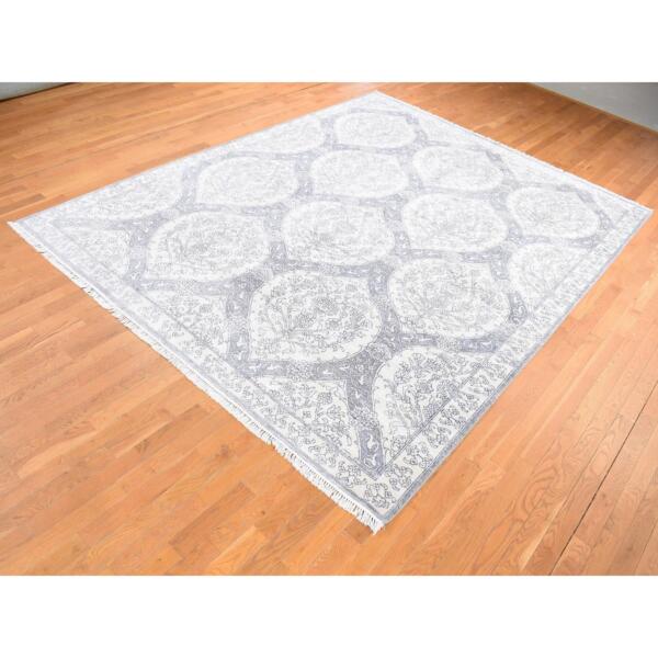 9'x12' Ivory, Hand Knotted, Handmade, Pure Cotton, Mughal Empire, Agra Flower Bouquet Design, Oriental Rug  - 80803 - Image 5