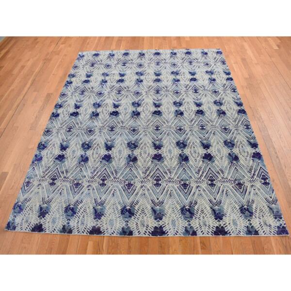 8'x10' Purple, Repetitive Geometric Flower Design, Sari Silk with Textured Wool, Hand Knotted, Oriental Rug  - 80841 - Image 4