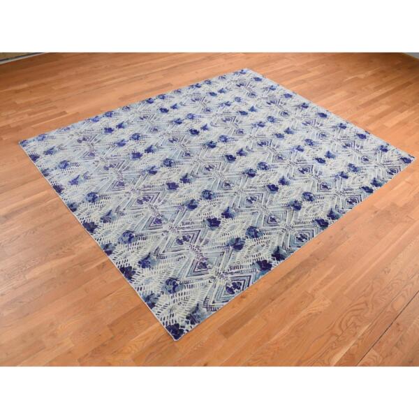 8'x10' Purple, Repetitive Geometric Flower Design, Sari Silk with Textured Wool, Hand Knotted, Oriental Rug  - 80841 - Image 5