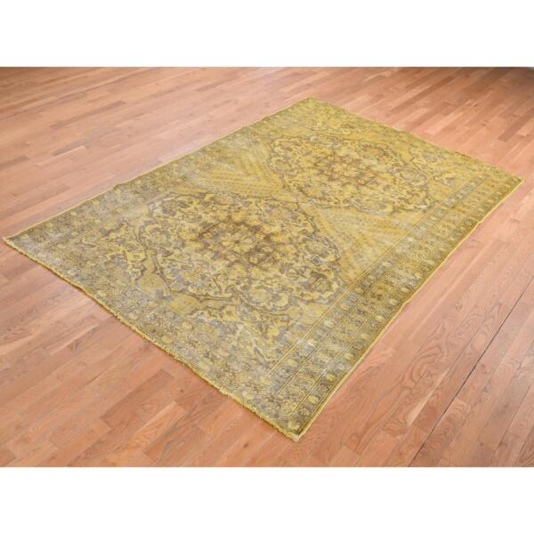 6'5"x9'10" Greenish Yellow, Overdyed Vintage Persian Bakhtiar, Worn Wool, Hand Knotted, Oriental Rug  - 80855 - Image 4