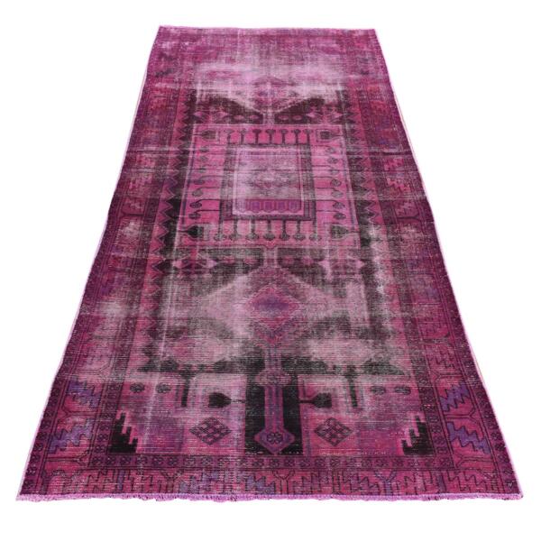 4'x9'5" Rouge Pink, On Clearance, Pure Wool, Overdyed Persian Hamadan, Handmade, Evenly Worn, Wide Runner, Oriental Rug  - 80868