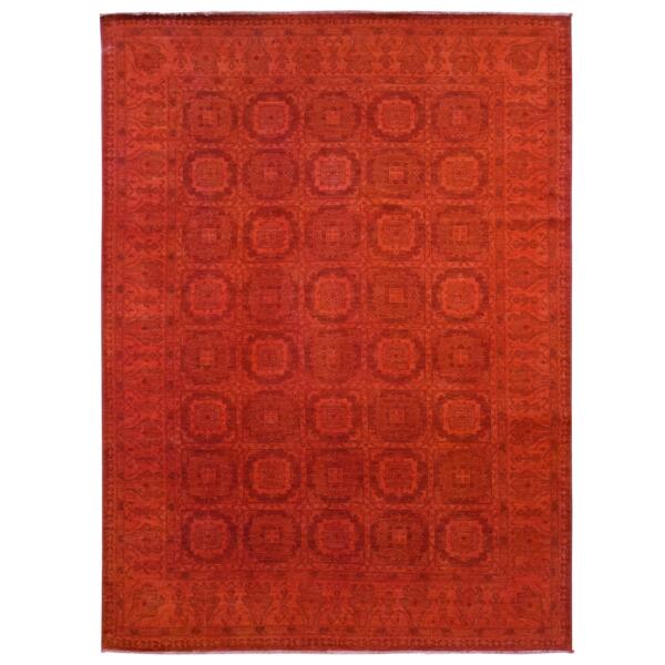 9'x12'2" Scarlet Red, Hand Knotted, Overdyed Repetitive Block and Rosette Afghan Beshir Design, Pure Wool, Oriental Rug  - 80901