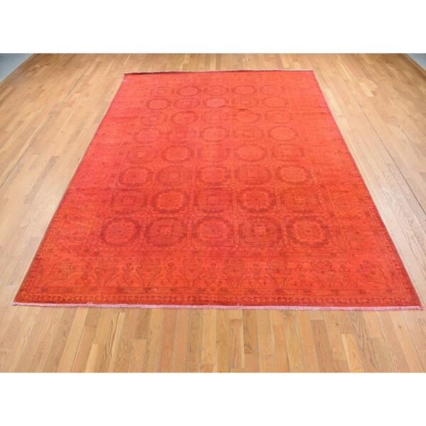 9'x12'2" Scarlet Red, Hand Knotted, Overdyed Repetitive Block and Rosette Afghan Beshir Design, Pure Wool, Oriental Rug  - 80901 - Image 4