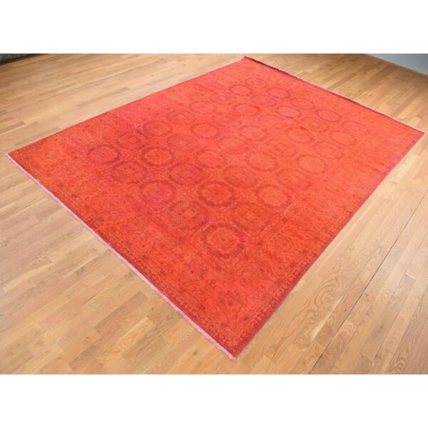 9'x12'2" Scarlet Red, Hand Knotted, Overdyed Repetitive Block and Rosette Afghan Beshir Design, Pure Wool, Oriental Rug  - 80901 - Image 5