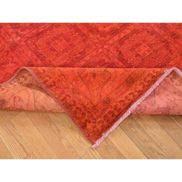 9'x12'2" Scarlet Red, Hand Knotted, Overdyed Repetitive Block and Rosette Afghan Beshir Design, Pure Wool, Oriental Rug  - 80901 - Image 7