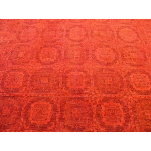 9'x12'2" Scarlet Red, Hand Knotted, Overdyed Repetitive Block and Rosette Afghan Beshir Design, Pure Wool, Oriental Rug  - 80901 - Image 10