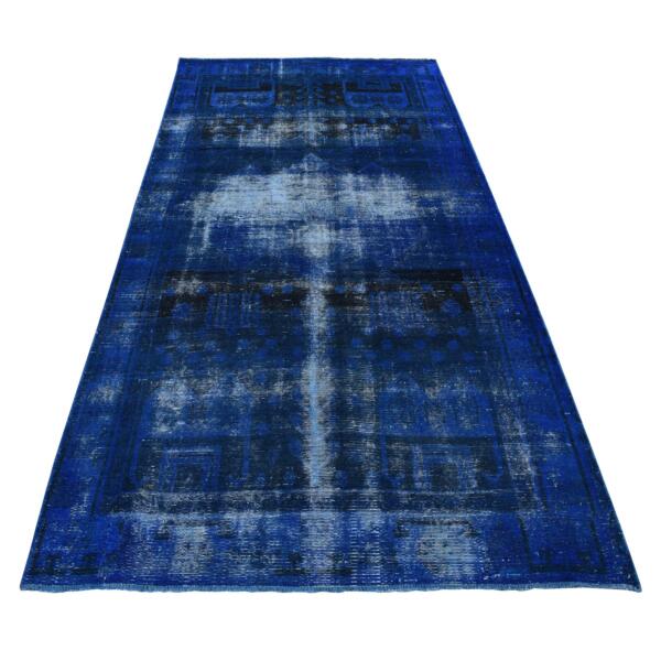 4'8"x9' Astros Navy, Overdyed Vintage Persian Erased Motif, Soft Wool, Handmade, Wide and Long Shape, Oriental Rug  - 80919