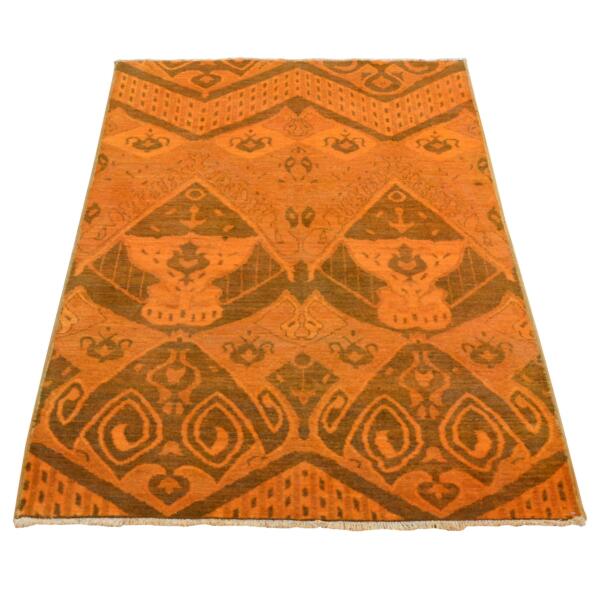 4'1"x6'2" Orange Overdyed Cast Ikat Design, Clearance, Hand Knotted, Pure Wool, Oriental Rug  - 80931