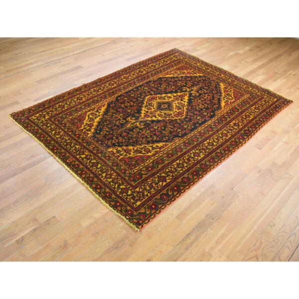 6'8"x9'6" Sunflower Yellow, Overdyed Vintage Persian Bibikabad, Hand Knotted, Pure Wool, Oriental Rug  - 80941 - Image 4