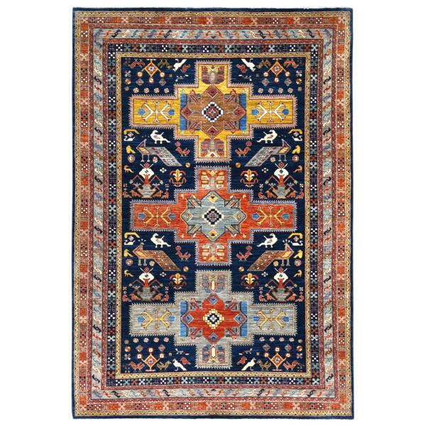 6'2"x9'2" Navy Blue, Armenian Inspired Caucasian Design with Bird Figurines, 200 KPSI, Denser Weave, Hand Knotted, Natural Dyes Ghazni Wool Oriental Rug  - 81740