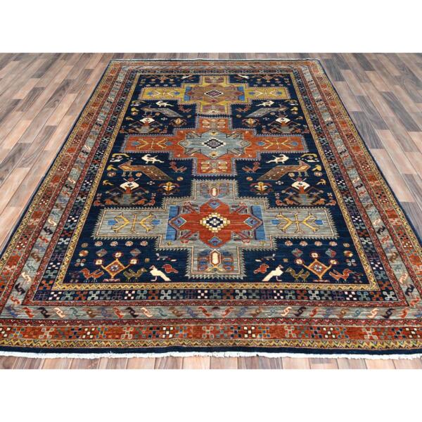 6'2"x9'2" Navy Blue, Armenian Inspired Caucasian Design with Bird Figurines, 200 KPSI, Denser Weave, Hand Knotted, Natural Dyes Ghazni Wool Oriental Rug  - 81740 - Image 4