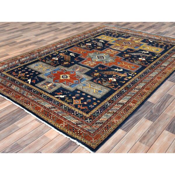 6'2"x9'2" Navy Blue, Armenian Inspired Caucasian Design with Bird Figurines, 200 KPSI, Denser Weave, Hand Knotted, Natural Dyes Ghazni Wool Oriental Rug  - 81740 - Image 5