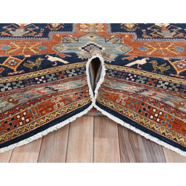 6'2"x9'2" Navy Blue, Armenian Inspired Caucasian Design with Bird Figurines, 200 KPSI, Denser Weave, Hand Knotted, Natural Dyes Ghazni Wool Oriental Rug  - 81740 - Image 7