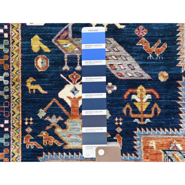 6'2"x9'2" Navy Blue, Armenian Inspired Caucasian Design with Bird Figurines, 200 KPSI, Denser Weave, Hand Knotted, Natural Dyes Ghazni Wool Oriental Rug  - 81740 - Image 9