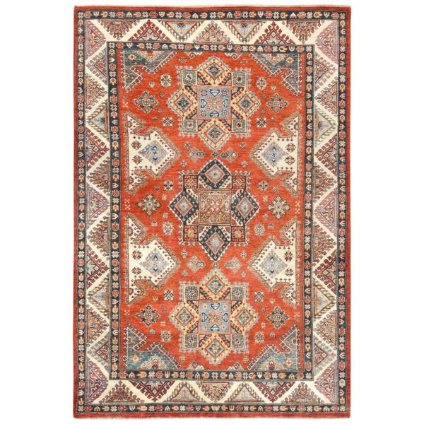 5'10"x8'9" Burnt Orange Special Kazak with Geometric Medallion Design, Hand Knotted, Natural Dyes, Soft Wool Oriental Rug  - 81757