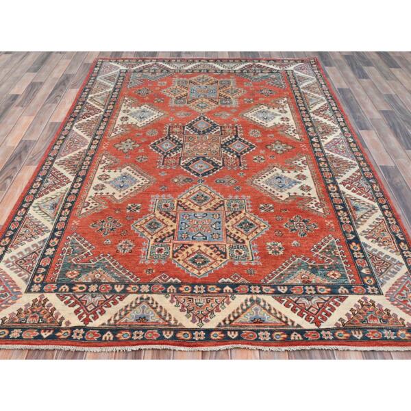 5'10"x8'9" Burnt Orange Special Kazak with Geometric Medallion Design, Hand Knotted, Natural Dyes, Soft Wool Oriental Rug  - 81757 - Image 4