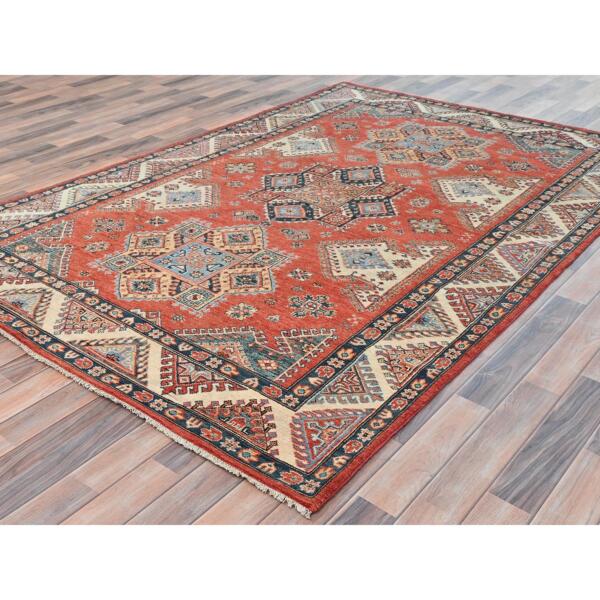 5'10"x8'9" Burnt Orange Special Kazak with Geometric Medallion Design, Hand Knotted, Natural Dyes, Soft Wool Oriental Rug  - 81757 - Image 5