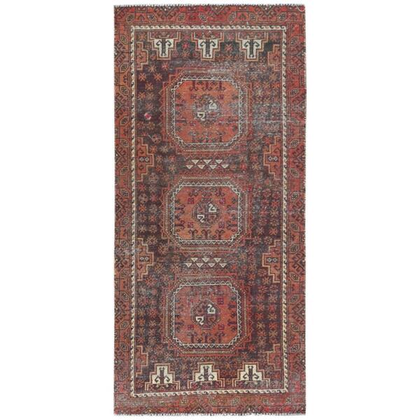 3'1"x7'1" Chocolate Brown with Brick Red, Vintage Persian Baluch, Geometric Medallions, Pure Wool Hand Knotted, Worn Down, Clean Oriental Rug  - 81918