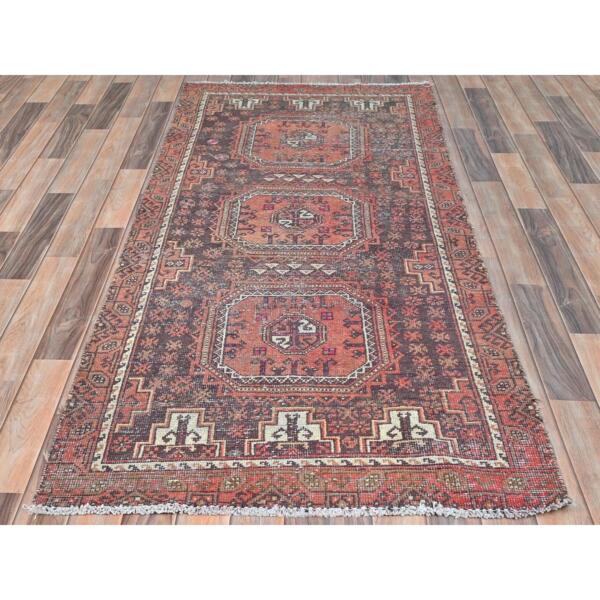 3'1"x7'1" Chocolate Brown with Brick Red, Vintage Persian Baluch, Geometric Medallions, Pure Wool Hand Knotted, Worn Down, Clean Oriental Rug  - 81918 - Image 3