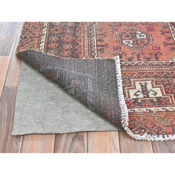 3'1"x7'1" Chocolate Brown with Brick Red, Vintage Persian Baluch, Geometric Medallions, Pure Wool Hand Knotted, Worn Down, Clean Oriental Rug  - 81918 - Image 4