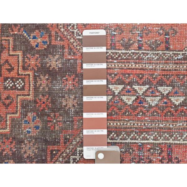 3'1"x7'1" Chocolate Brown with Brick Red, Vintage Persian Baluch, Geometric Medallions, Pure Wool Hand Knotted, Worn Down, Clean Oriental Rug  - 81918 - Image 5