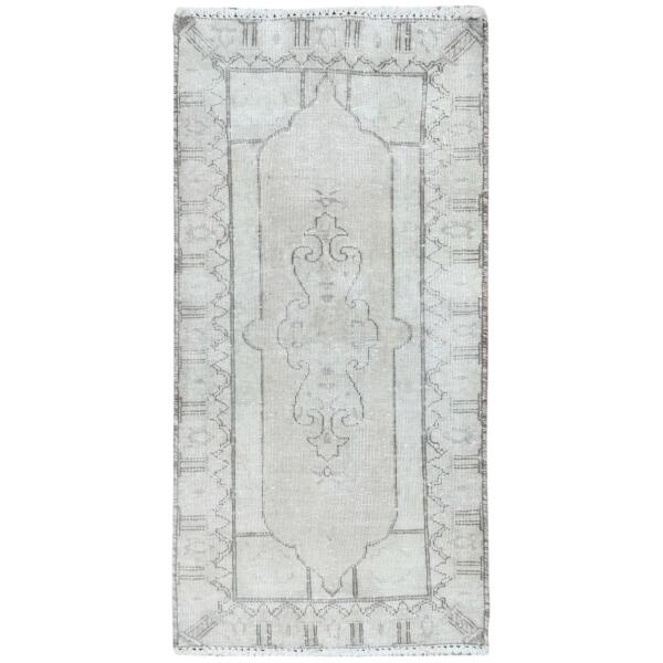 2'x3'10" Ivory, Worn Wool Hand Knotted, Vintage Persian Kerman Shabby Chic Sheared Low Distressed Look, Oriental Rug  - 81980