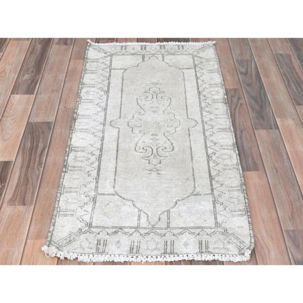 2'x3'10" Ivory, Worn Wool Hand Knotted, Vintage Persian Kerman Shabby Chic Sheared Low Distressed Look, Oriental Rug  - 81980 - Image 3