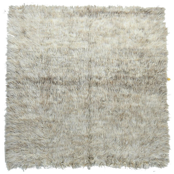 8'2"x8'2" Beige, Shaggy Moroccan Exotic Texture, Undyed Natural Wool Hand Knotted, Square Oriental Rug  - 82014