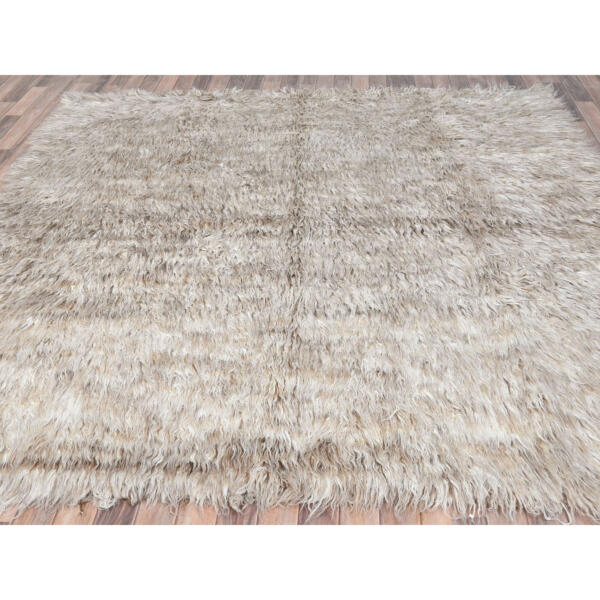 8'2"x8'2" Beige, Shaggy Moroccan Exotic Texture, Undyed Natural Wool Hand Knotted, Square Oriental Rug  - 82014 - Image 4